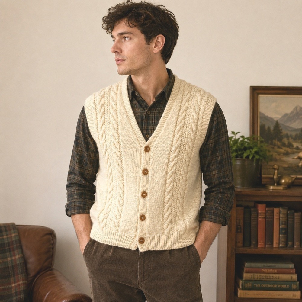 Men Wool Cable Knit Cardigan Vest Sz M Fisherman Academia Classic Preppy Grandpa